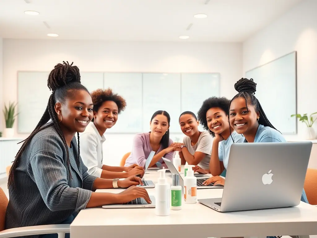 A diverse group of esthetician students collaborating on a virtual project, showcasing the supportive and inclusive online learning environment at Skin and Body University.