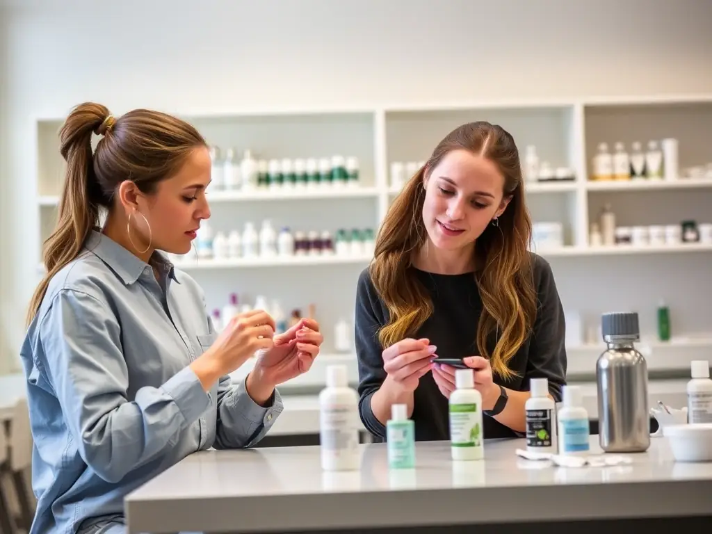 A close-up shot of esthetician students collaborating on a skincare project, showcasing teamwork and hands-on learning.