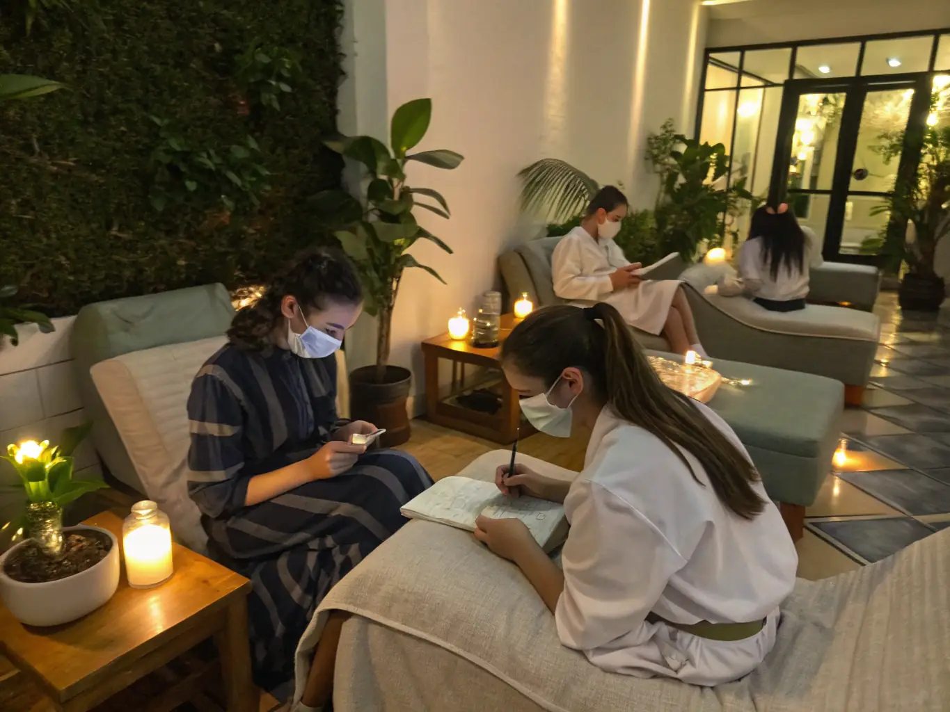 A diverse group of esthetician students collaborating on a project, reviewing skincare products and discussing treatment plans in a modern classroom setting.