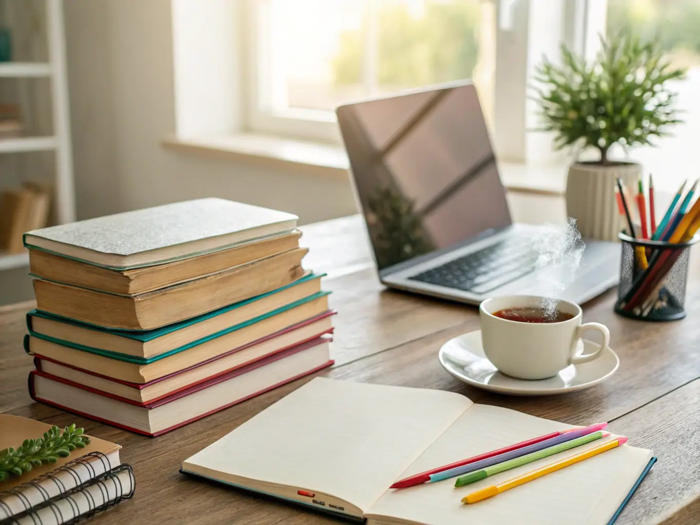 An image of a well-organized study space with esthetician textbooks, notes, and a laptop, emphasizing effective study habits.