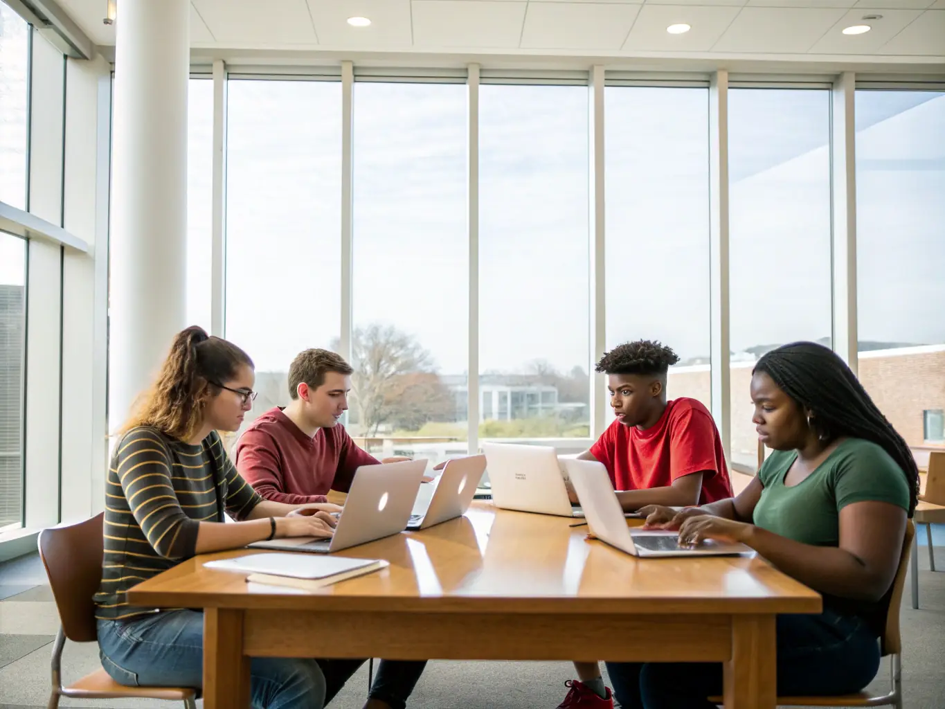 A diverse group of students collaborating on a project in a modern classroom setting, emphasizing the collaborative learning environment of the Business and Marketing for Estheticians course.