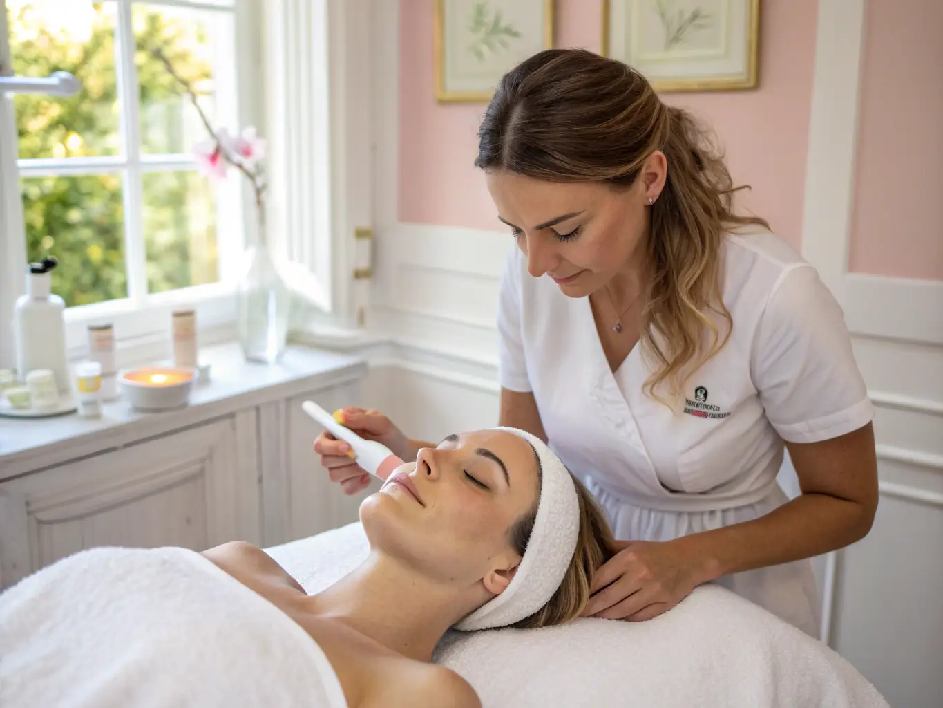 A close-up shot of a student practicing a facial massage technique on a mannequin head in a well-lit esthetics lab, guided by an instructor.