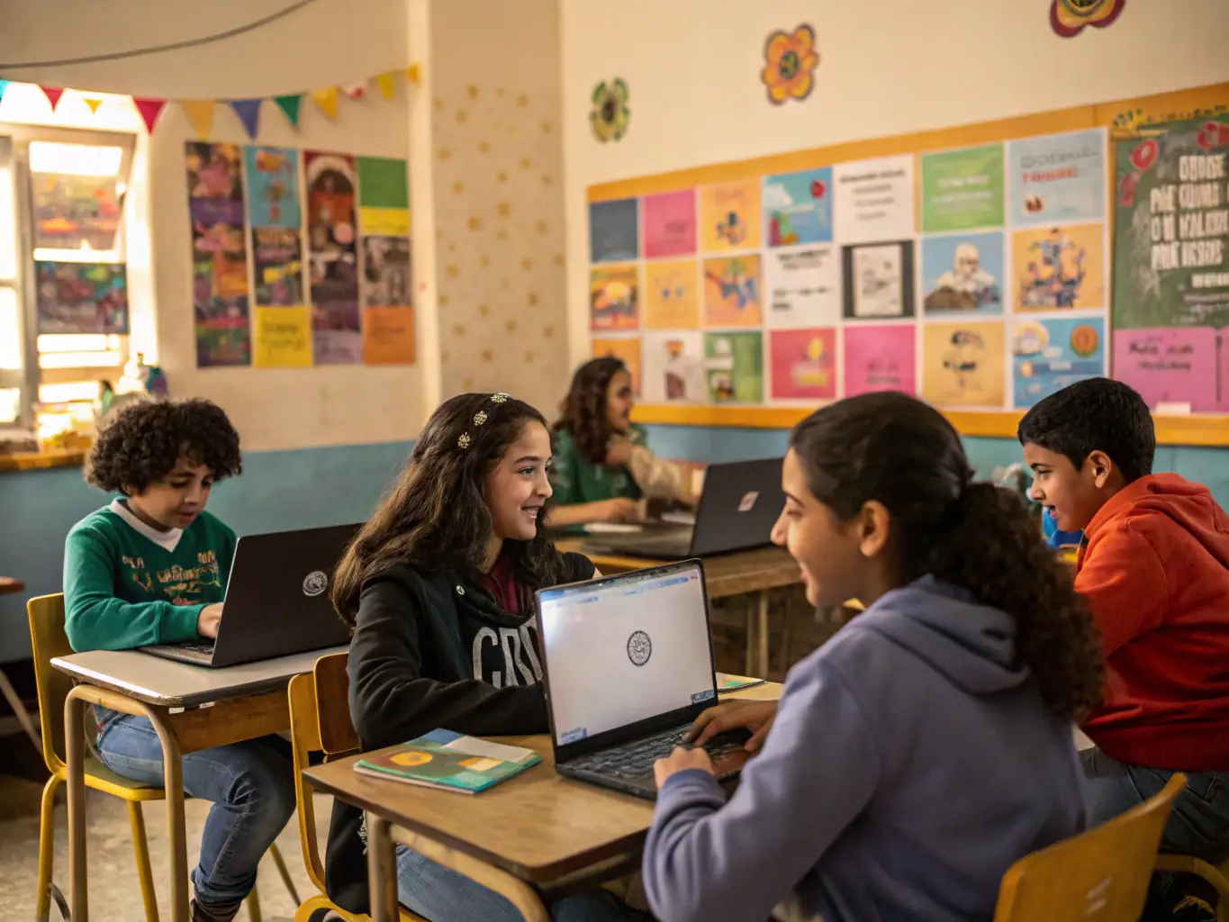 A student attentively participating in an online esthetics course, focusing on skincare techniques with a diverse group of classmates in a virtual classroom setting.