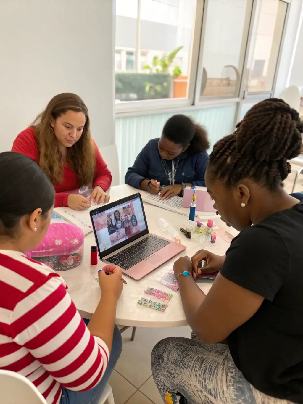 A diverse group of esthetician students smiling and working together in a modern, well-equipped virtual classroom setting, symbolizing the collaborative learning environment at Skin and Body University.